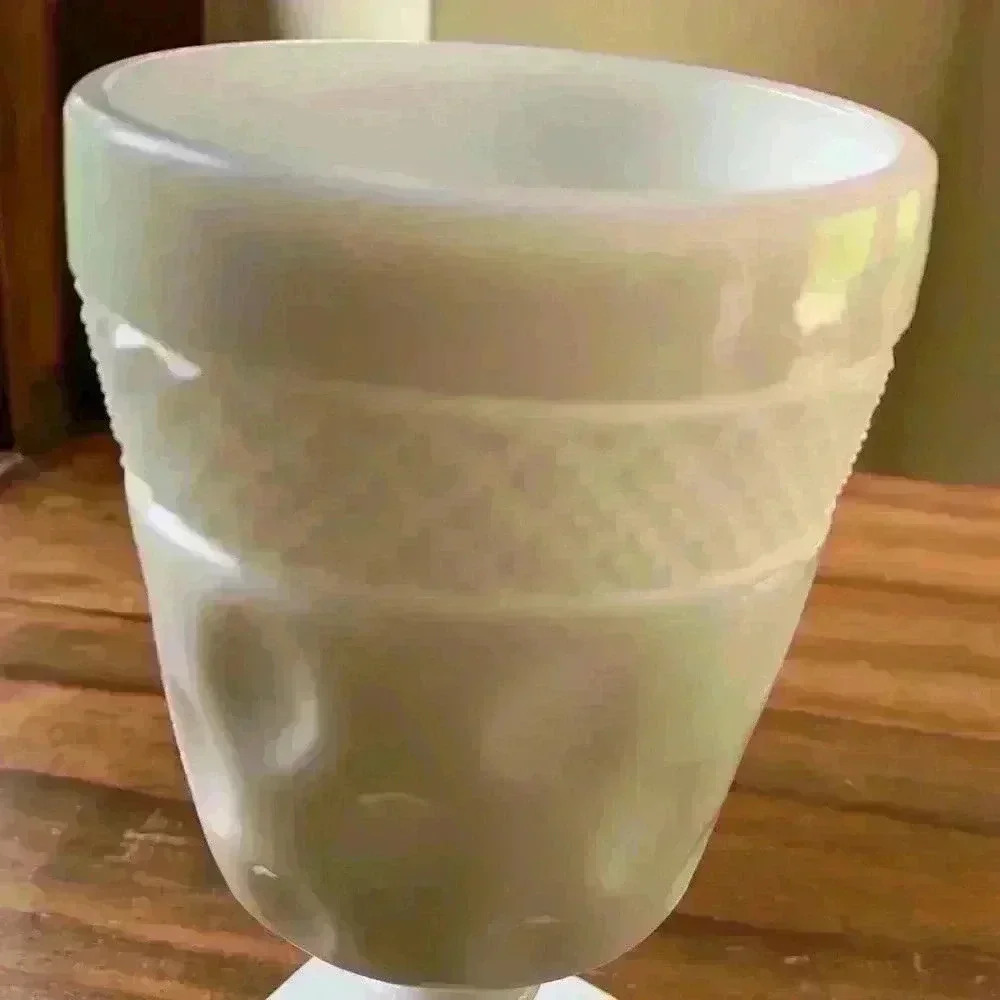 Vintage McKee Opal Milk Glass Pedestal Vase Pattern is Crosshatch & Dot Design - Picture 3 of 8